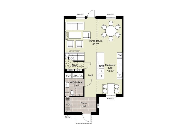 Planritning av plan 1 som visar vardagsrum, matplats, kök, badrum, tvättstuga och hall. Rummen är märkta med måtten i kvadratmeter.