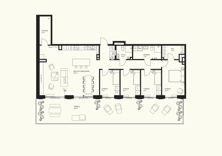Planritning 5 rum och kök 135 kvm