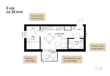 Planlösning 32 kvm, 2 rok. Hörnläge med balkong i väster. Badrum med kombimaskin.