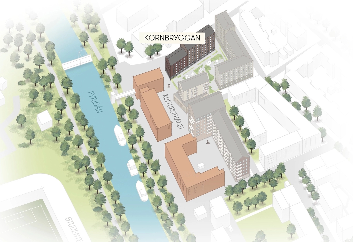 Illustrerad översikt över Skeppskajen och intilliggande bostadskvarter och Fyrisån, med avstånd till sevärdheter