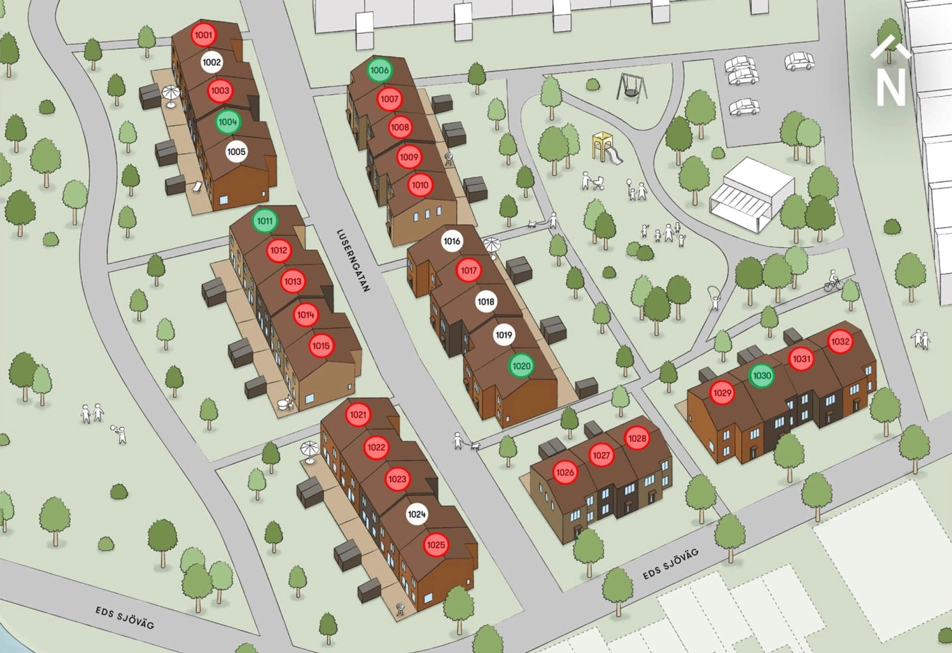 Illustration över Sjöstråket där alla hus är markerade med en färgad plupp som symboliserar om huset är till salu, kommande eller sålt.