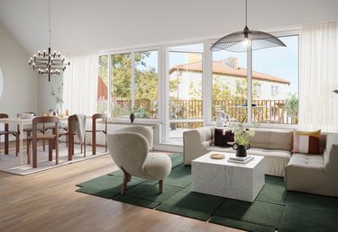 Vardagsrum med plats för soffgrupp och matplats