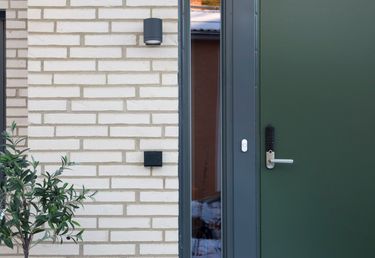 En grön dörr med ett silverhandtag och elektronisk knappsats vid handtaget. En liten buske till vänster.