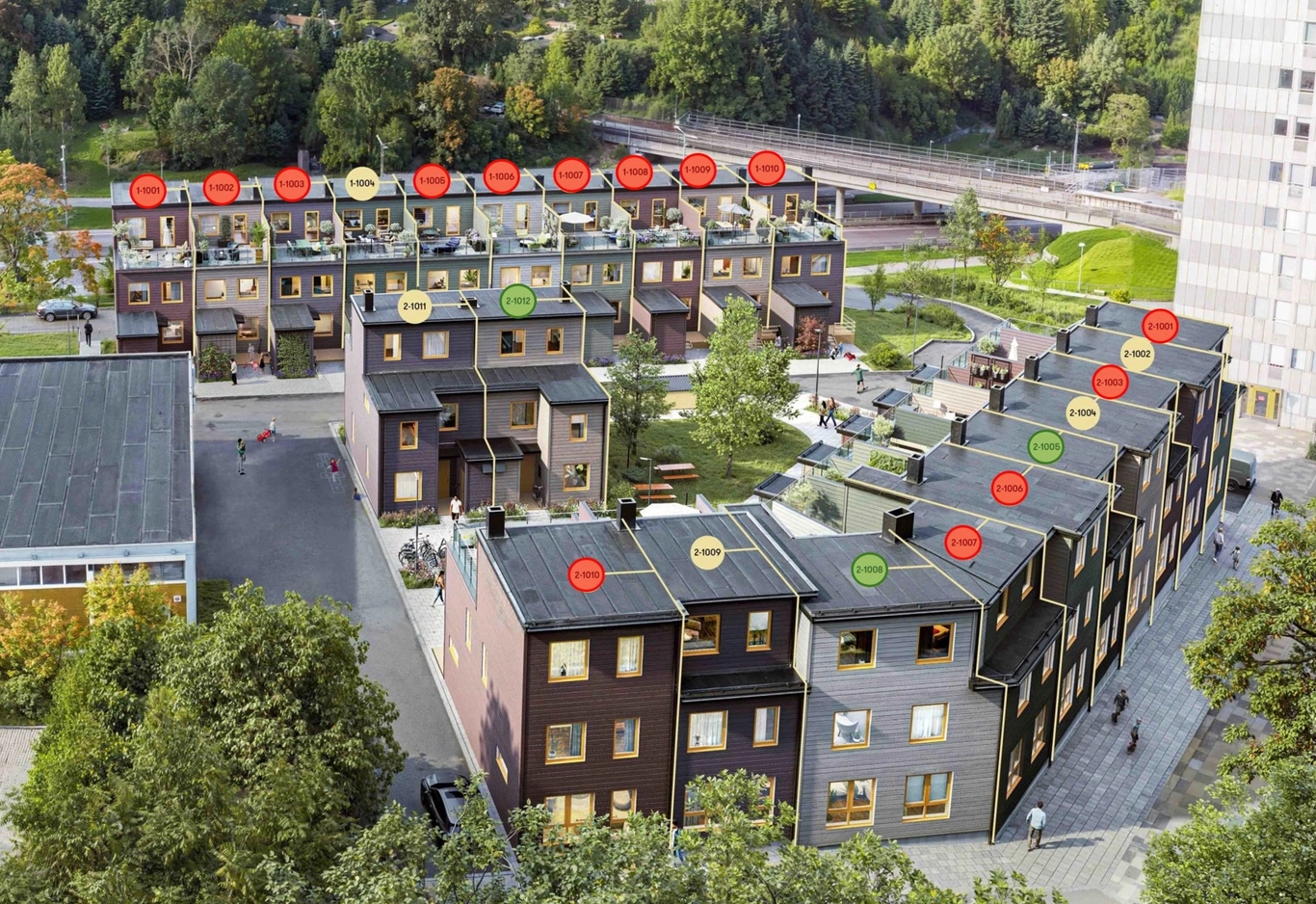 Illustration över bostadsområdet Glimten men markering sålda och lediga bostäder.