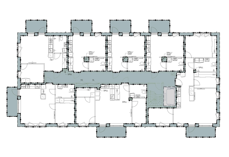 Planritning över ett våningsplan med markerade ytor för att påvisa vad som är gemensamhetsytor för ägarlägenheterna.