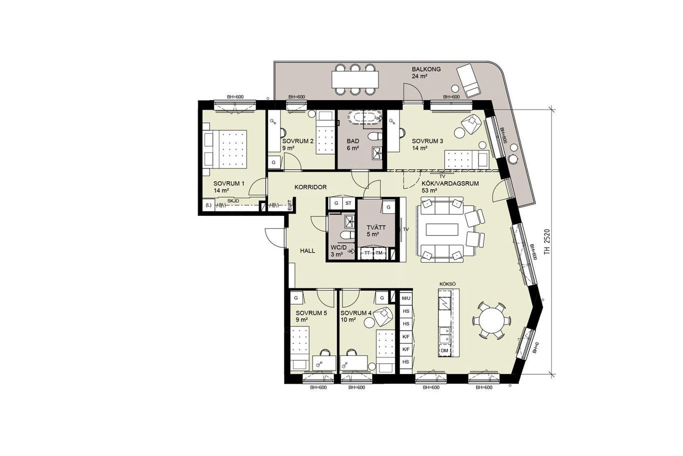 Planlösning som visar rummens layout inklusive kök, matsal, vardagsrum, sovrum, badrum och terrasser.