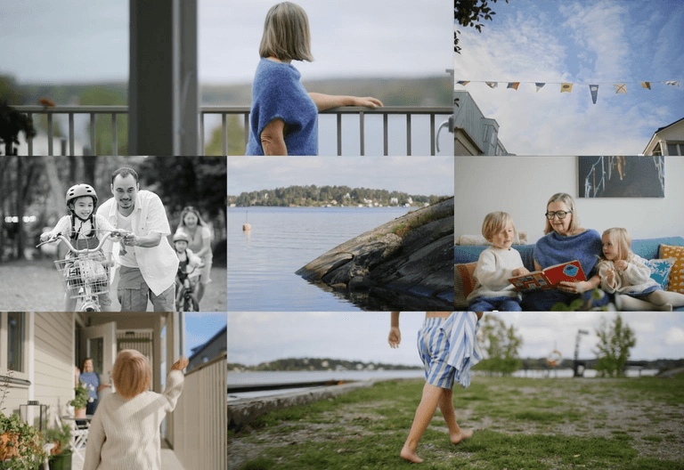 Lifestylekollage för Höjden i Vaxholm med skärgårdskänsla, familjeliv och frihet vid vattnet.