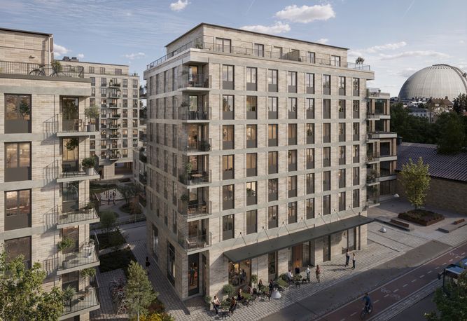 Lilla fransyskan exteriör med tegelfasad, takterrass och balkonger