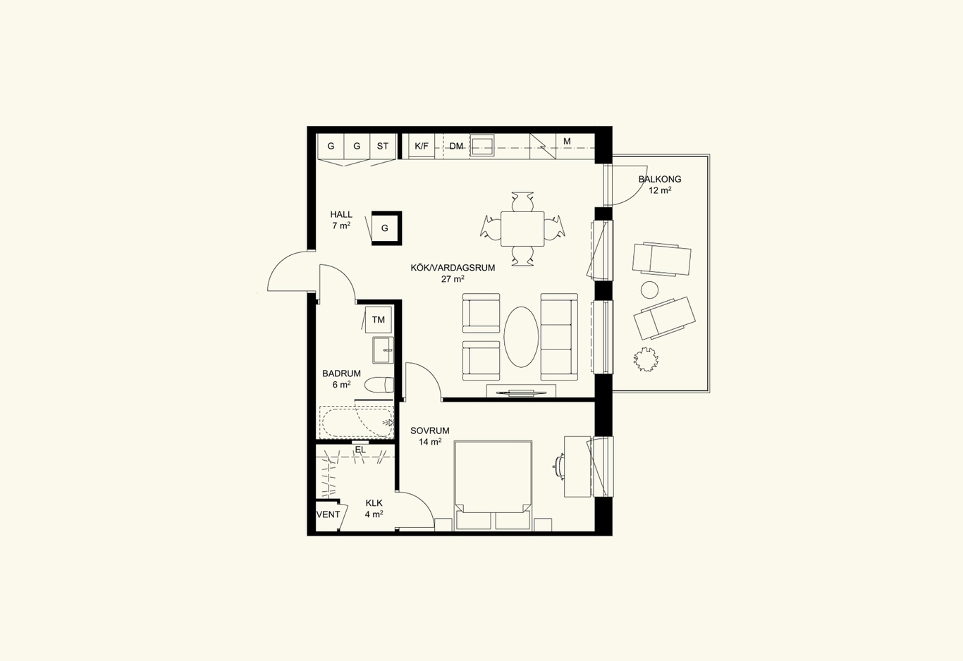 Svartvit planritning över en lägenhet med ett sovrum med vardagsrum, kök, badrum och balkong.