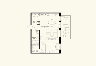 Svartvit planritning över en lägenhet med ett sovrum med vardagsrum, kök, badrum och balkong.