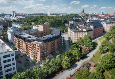 Flygfoto över ett kvarter med bostadshus på Södermalm.