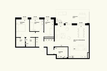 Planlösning för 4 rok, 114 kvm lägenhet i House of Nelly