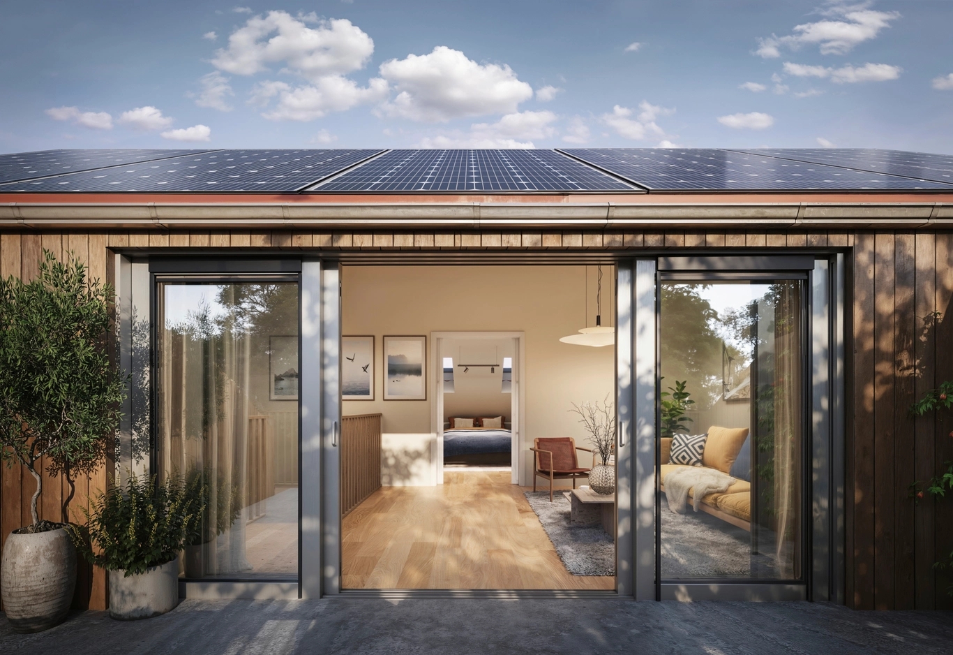 Podium. En solpanel på taket till ett hus.