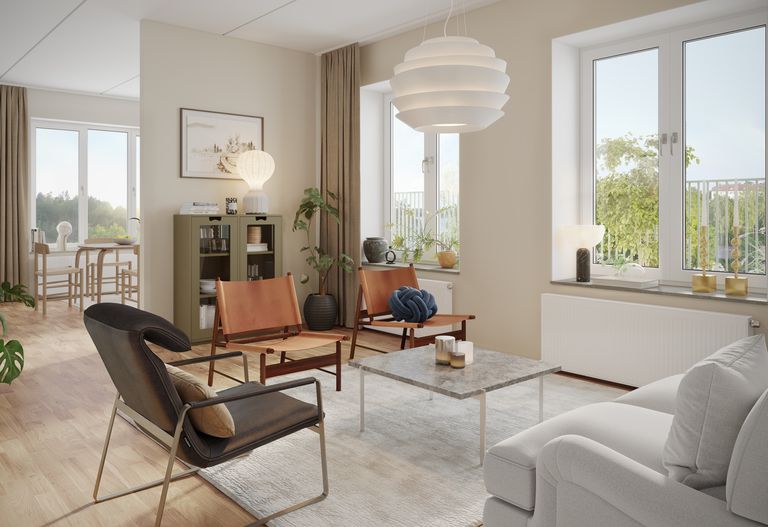 Vardagsrum med naturligt ljus, inrett i modern stil, 3D-rendering från Lilla häll.
