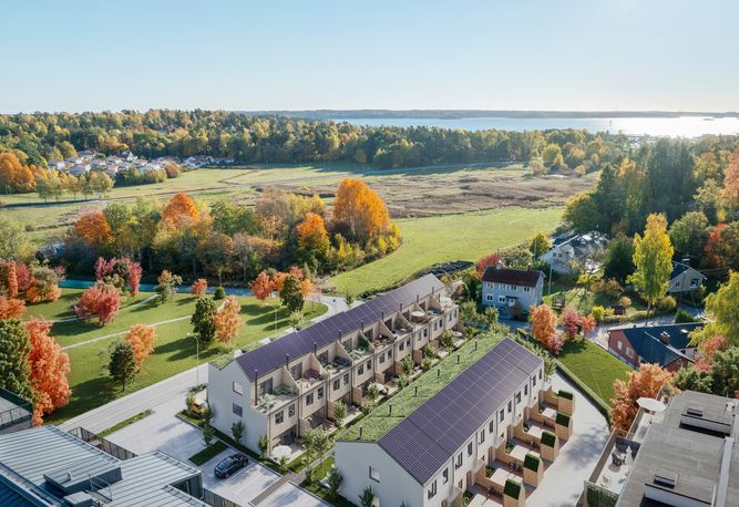 Översiktbild med alla 15 hus med utsikt mot vattnet