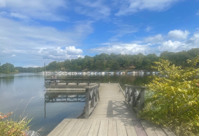 Lång träbrygga vid Brunnsviken mot trädkantad strand med båtar. Blå himmel med vita moln.