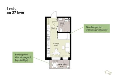 Planlösning på en enrummare, cirka 27 kvadratmeter. Har hall, vardagsrum, kök, badrum och balkong med sydvästläge.