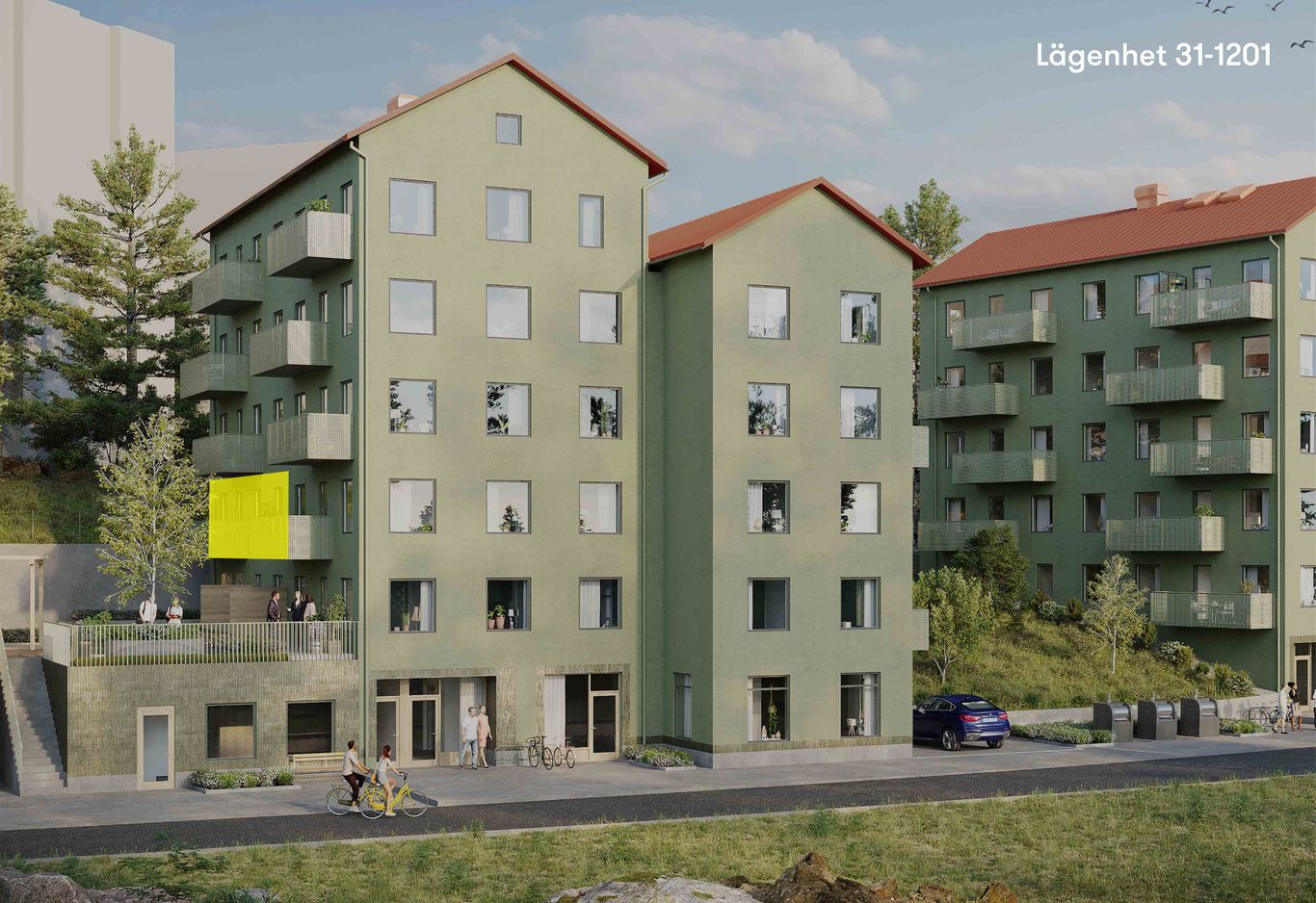 Fasadbild med lägenhet 31-1201 markerat i gult