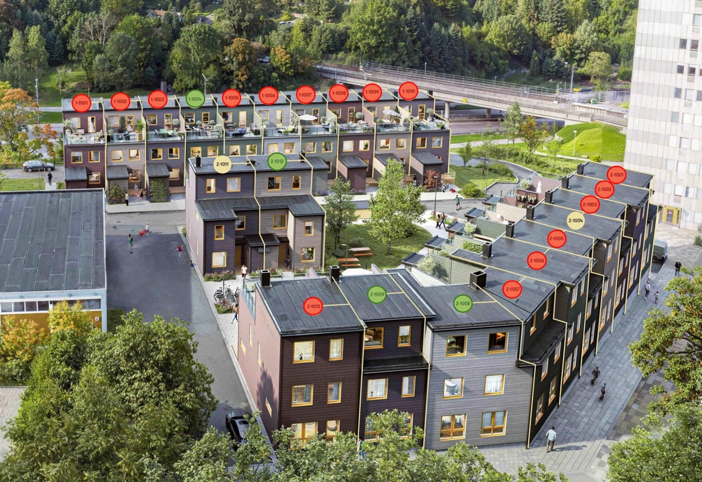 En illustration över bostadsområde med markeringar över bostäder som är till salu i Råcksta.