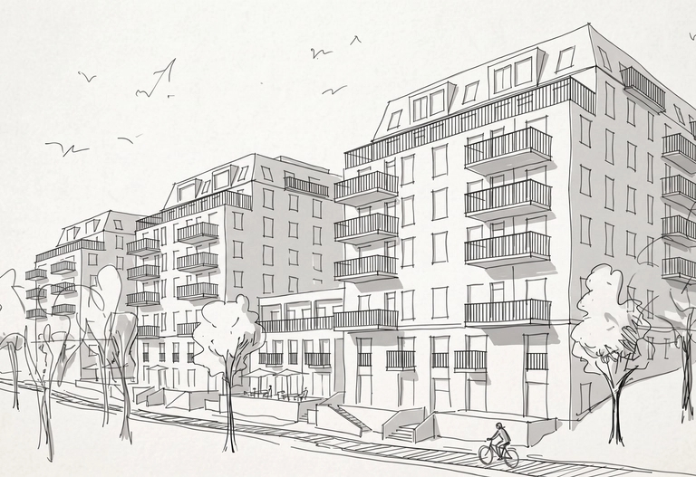 Skiss av moderna flerbostadshus med balkonger, takkupor och träd längs en gata. En person cyklar.