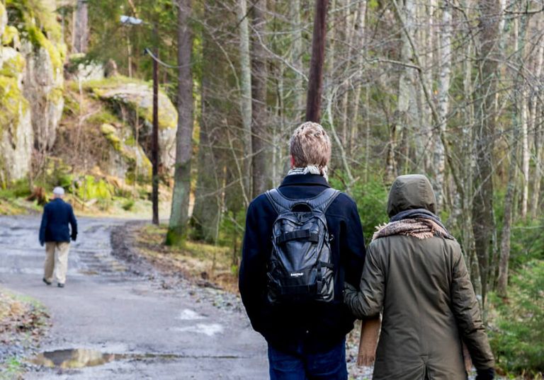 Två personer går arm i arm längs en skogsstig medan en annan person går före på samma stig.