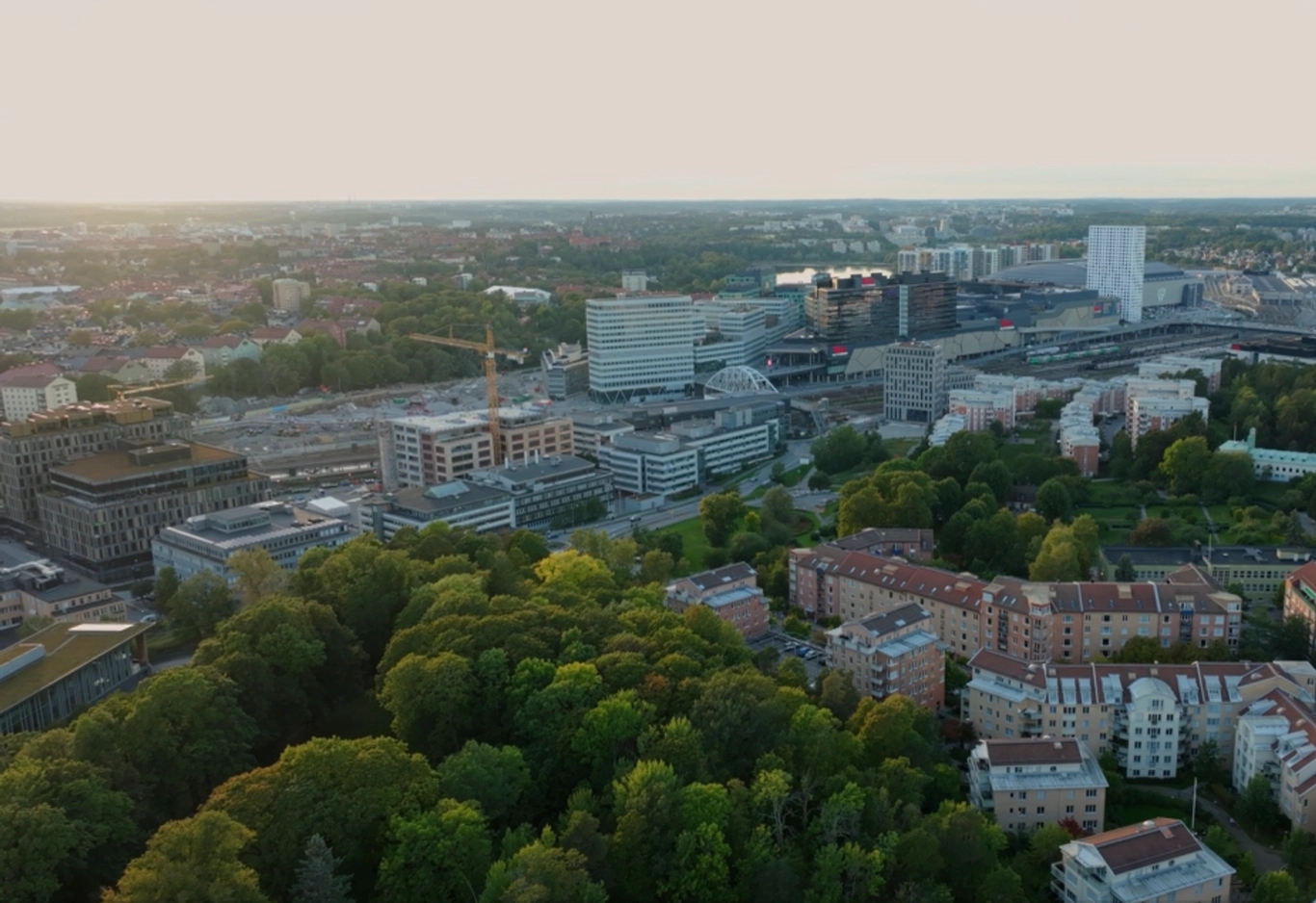Flygfoto över en stadsbild med bostadshus, gröna träd och ett kluster av moderna byggnader i fjärran.