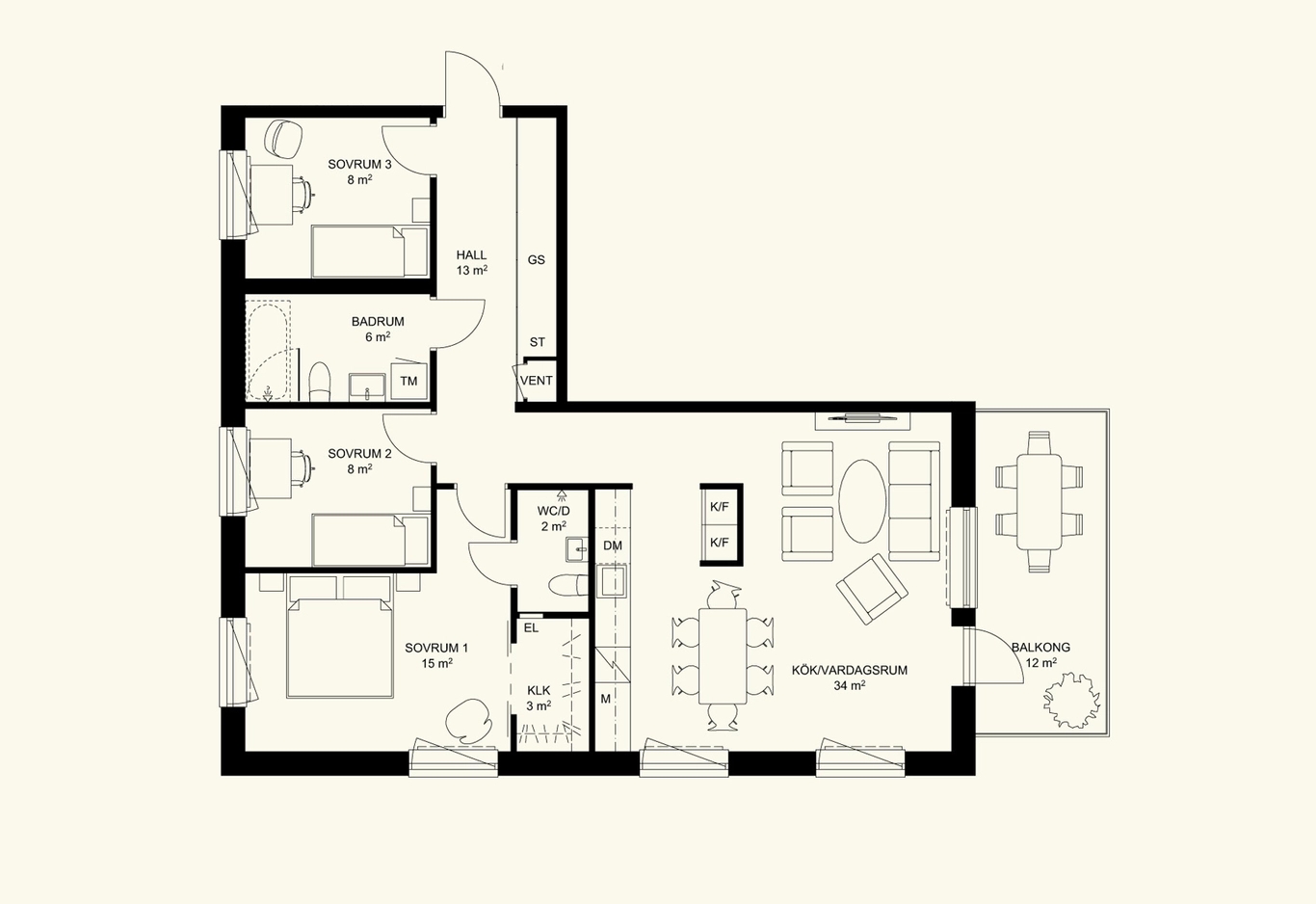 Svartvit planlösning med tre sovrum, två badrum, kök, vardagsrum/matplats och veranda.