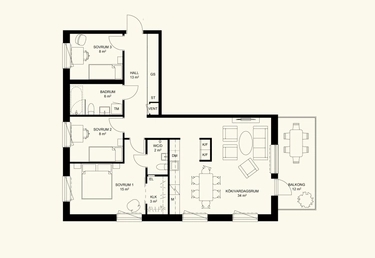 Svartvit planlösning med tre sovrum, två badrum, kök, vardagsrum/matplats och veranda.