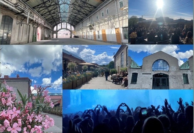 Kollage med 6 bilder: industrihall, konserter, gatuscen med folk och uteserveringar, historiska byggnader och blommor.