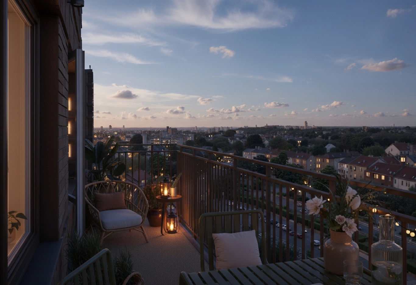 Balkong i Tegeltornen i kvällsljus.