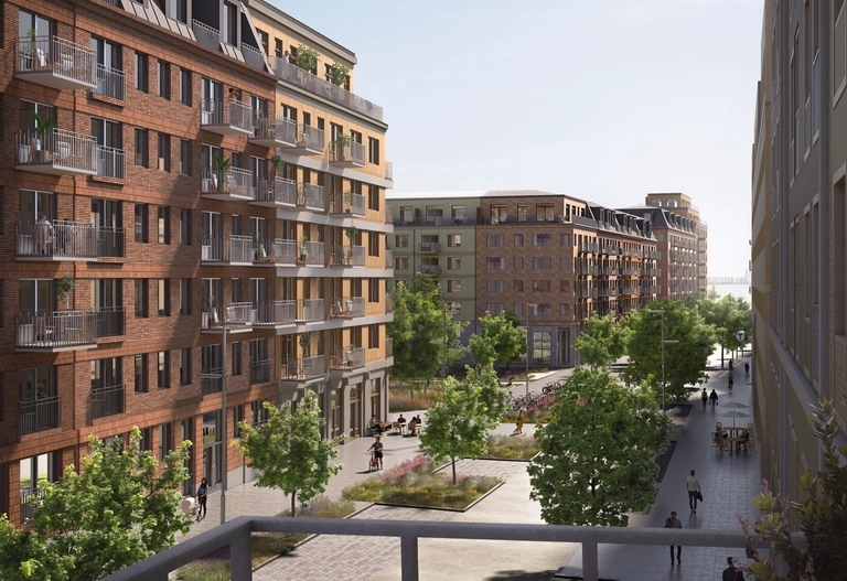 Renderad vy från balkong med vy över en innergård med torg- och parkytor.