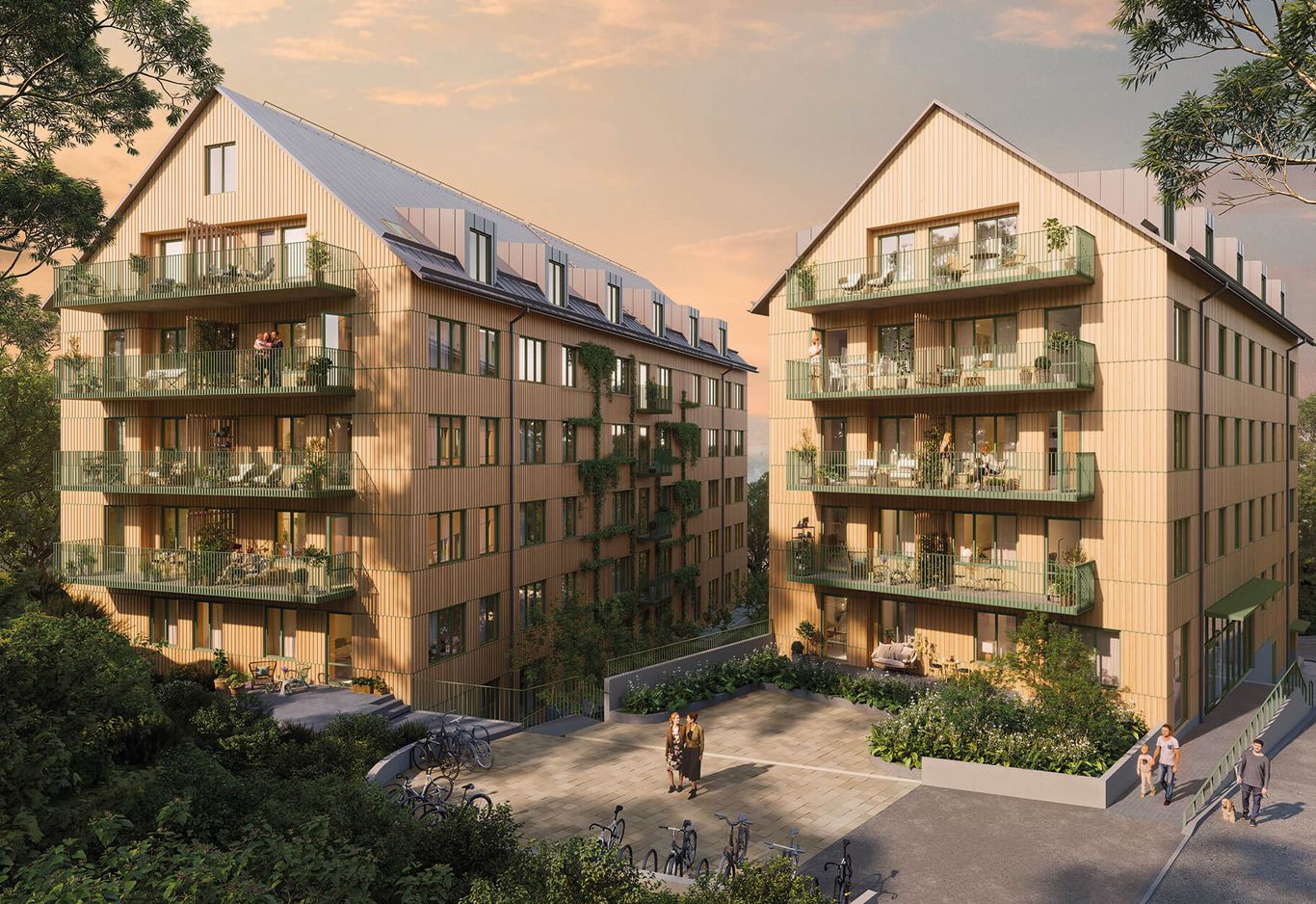 Två moderna, träklädda flerbostadshus med balkonger omgivna av grönska, 3D-rendering av Lilla häll.