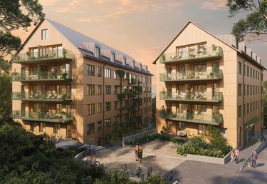 Två moderna, träklädda flerbostadshus med balkonger omgivna av grönska, 3D-rendering av Lilla häll.