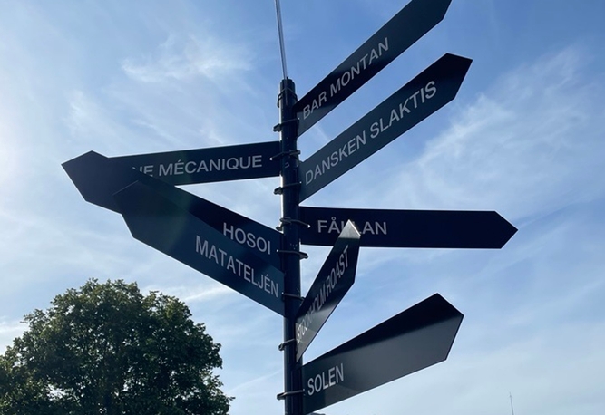 Svart stolpe med flera svarta riktningsskyltar med vit text som pekar åt olika håll under en blå himmel.