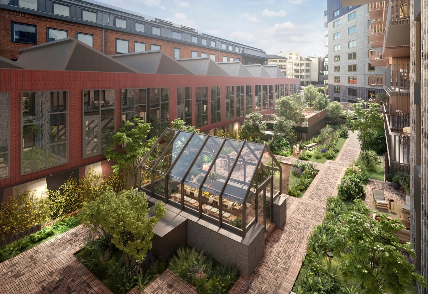 House of Nelly. En innergårdsträdgård med ett växthus i glas, tegelgångar och omgivande moderna flerfamiljshus.