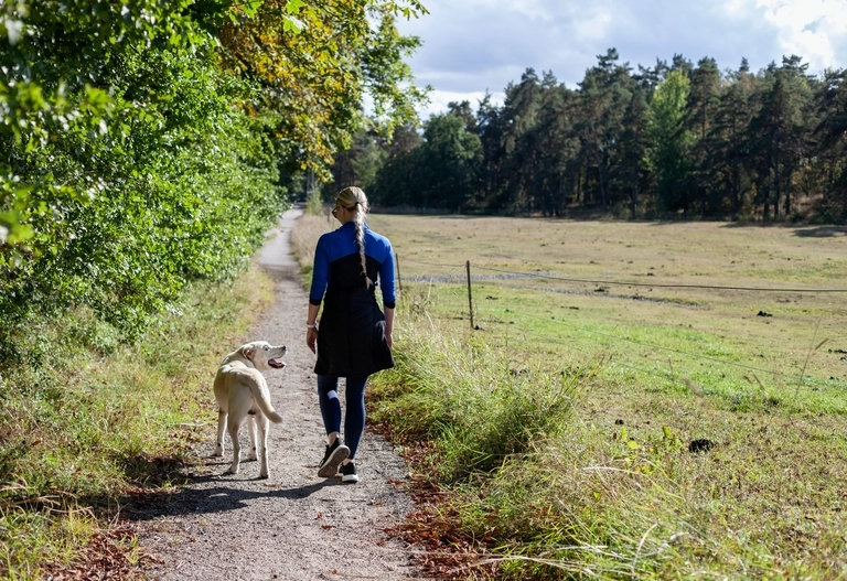 Kvinna med hund går på grusväg med grönskande träd till vänster, öppet fält och skog till höger under klar himmel.
