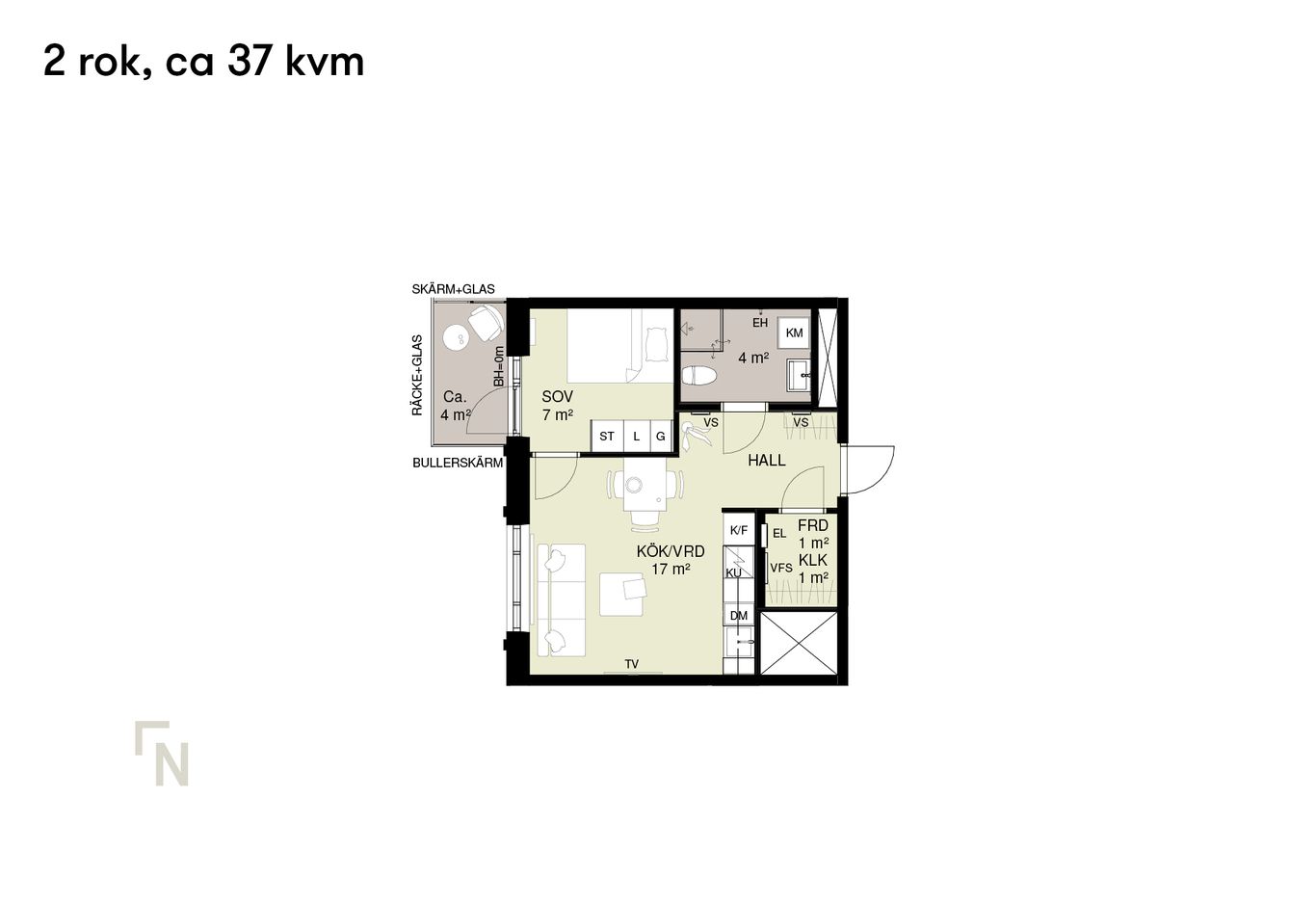 Planritning för en tvårumslägenhet på 37 kvadratmeter med kök/vardagsrum, sovrum, badrum och hall.