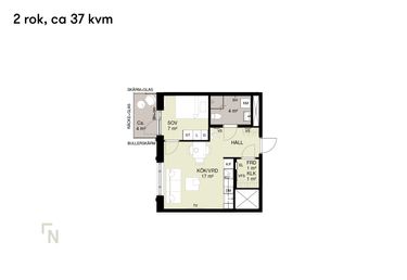 Planritning för en tvårumslägenhet på 37 kvadratmeter med kök/vardagsrum, sovrum, badrum och hall.