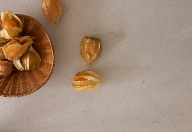 En brun skål med flera kapkrusbär, med tre kapkrusbär placerade på en ljus yta i närheten.