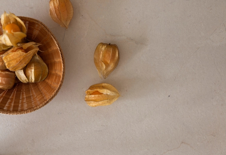 En brun skål med flera kapkrusbär, med tre kapkrusbär placerade på en ljus yta i närheten.