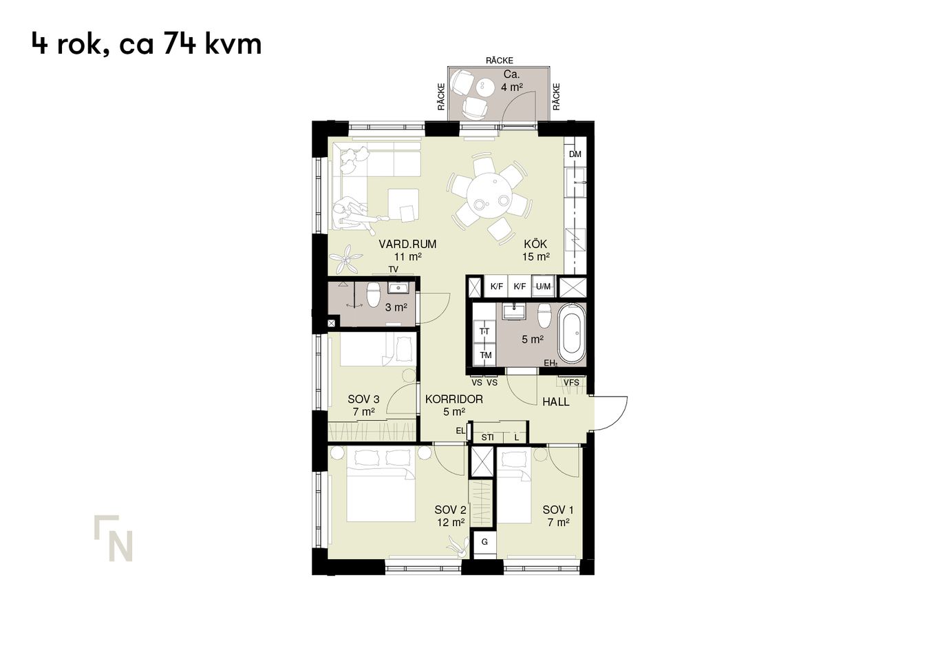 Planlösning på en 4-rumslägenhet, ca 74 kvm, visar vardagsrum, kök, tre sovrum, hall och badrum