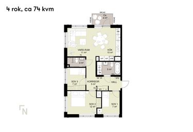 Planlösning på en 4-rumslägenhet, ca 74 kvm, visar vardagsrum, kök, tre sovrum, hall och badrum