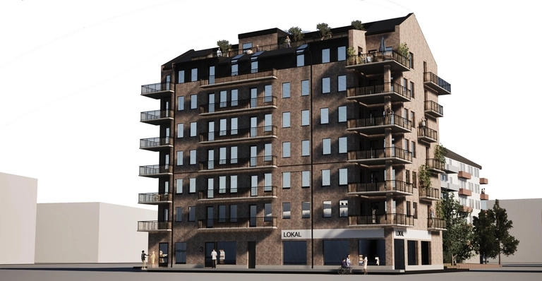 Takterrass med utemöbler och växter på en tegelbyggnad vid solnedgången.