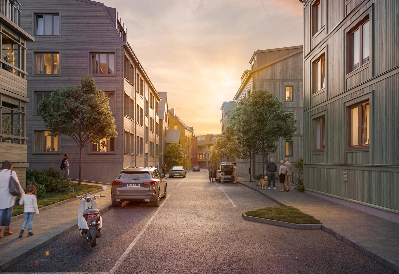 En lugn bostadsgata med parkerade bilar, träd och människor som promenerar i solnedgången.