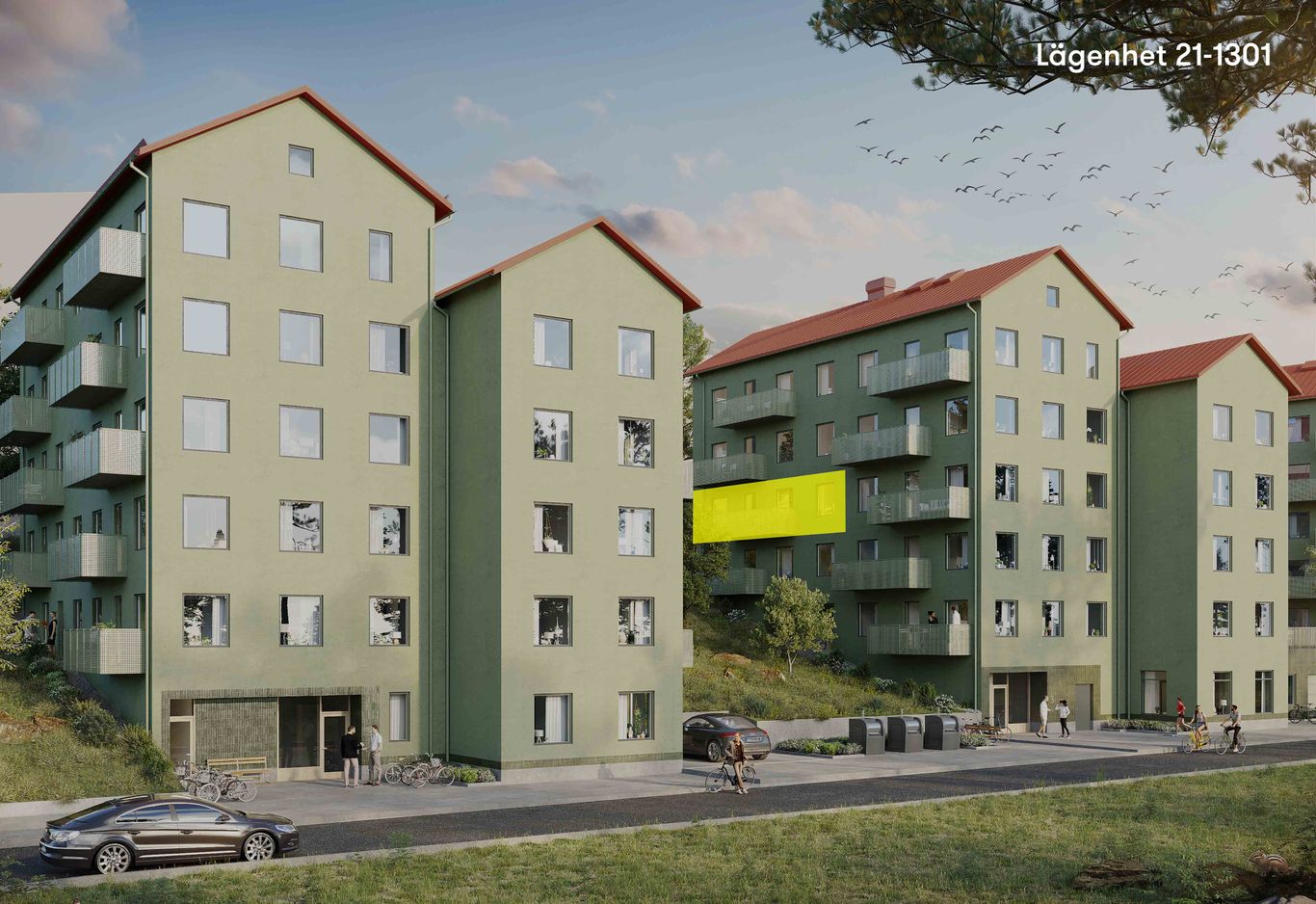 Fasadbild med lägenhet  21-1301 markerat i gult