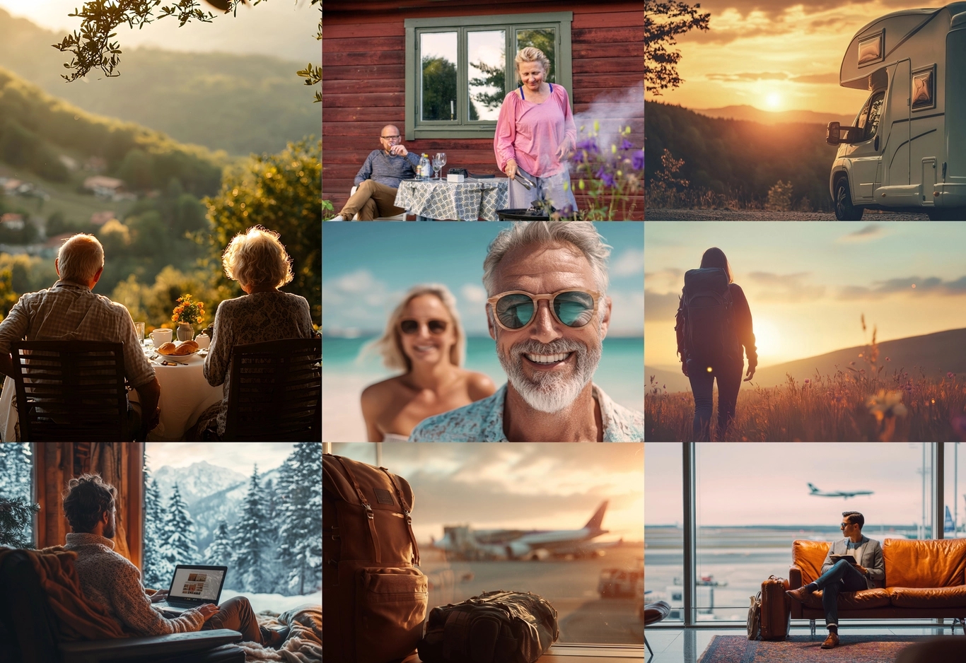 Ett kollage med glada människor som tittar rakt in i kameran och ler, vandrar i soldnedgång eller sitter vid vattnet och filosoferar.