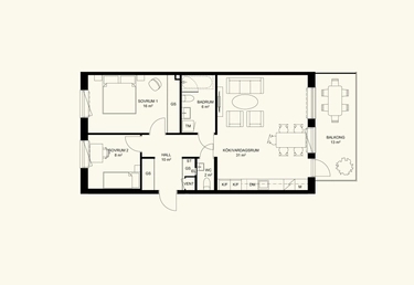 Svartvit planritning över en lägenhet med två sovrum, vardagsrum, kök, badrum och balkong.