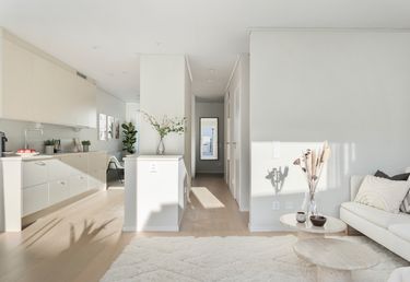 Kök och vardagsrum i ljusa färger med solljus