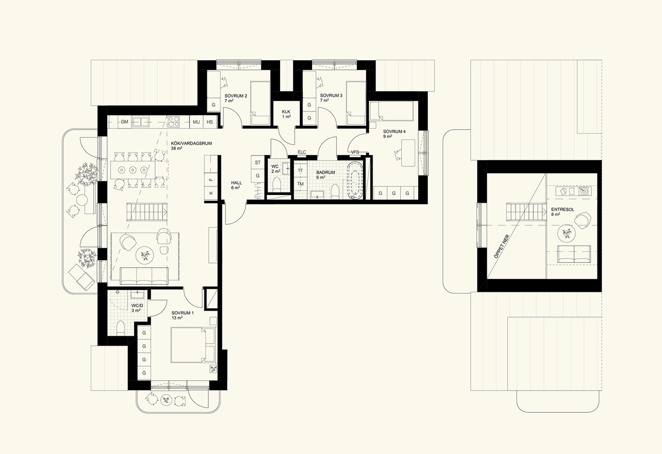 L-formad planritning över ett hus med flera rum och möbler, bredvid ett mindre loft.