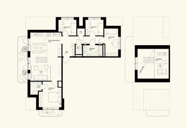 L-formad planritning över ett hus med flera rum och möbler, bredvid ett mindre loft.